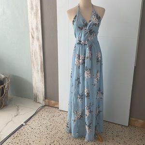 Powder blue flowered halter/maxi dress/L